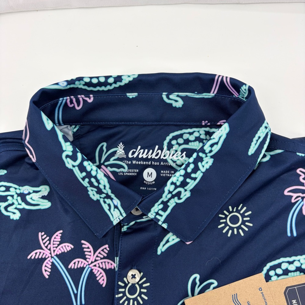 Chubbies The Neon Glade Performance Polo 2.0 Navy Alligator Palm Tree Mens M